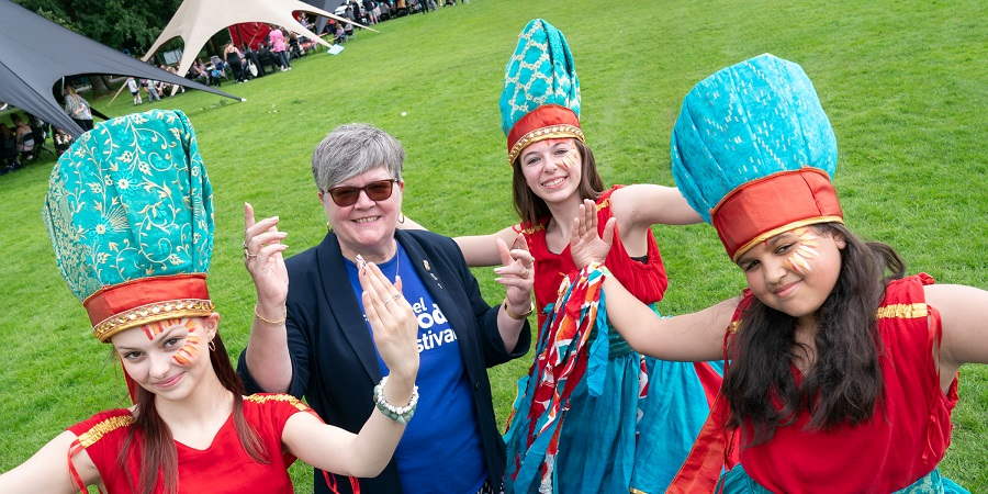 Councillor Janet Emsley with dancers.