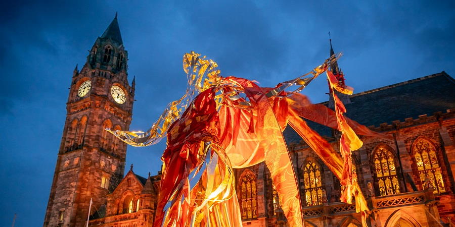 The Living Dress sculpture outside Rochdale Town Hall.