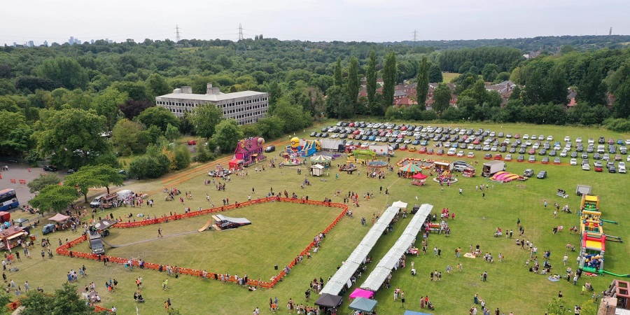 Aerial shot of Middfest in Limefield Park.