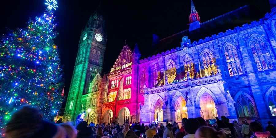 Rochdale Town Hall illuminated at night.