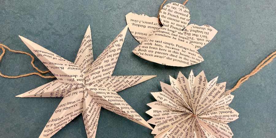 Christmas tree decorations made from book pages.