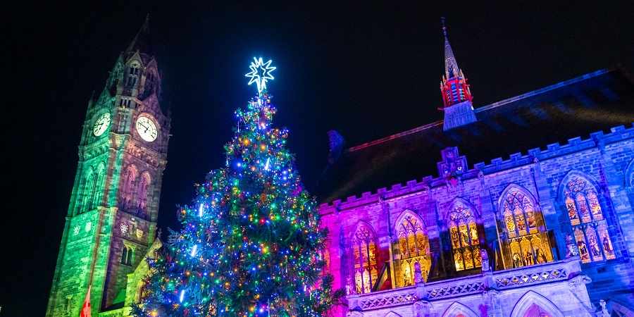 Rochdale Town Hall lit up at night.