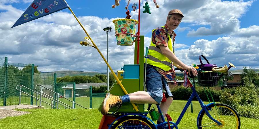 Main character on bicycle.