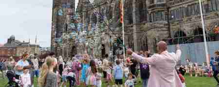 Families outside Rochdale Town Hall.