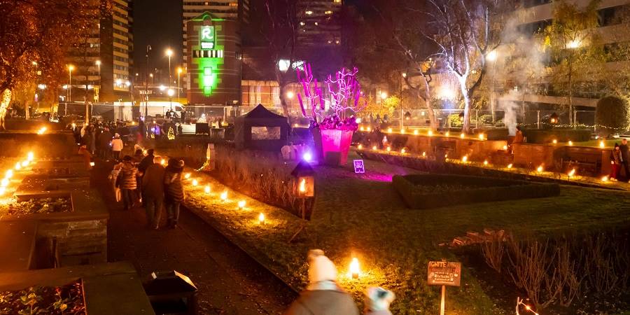 Flame torches in Rochdale Memorial Gardens.