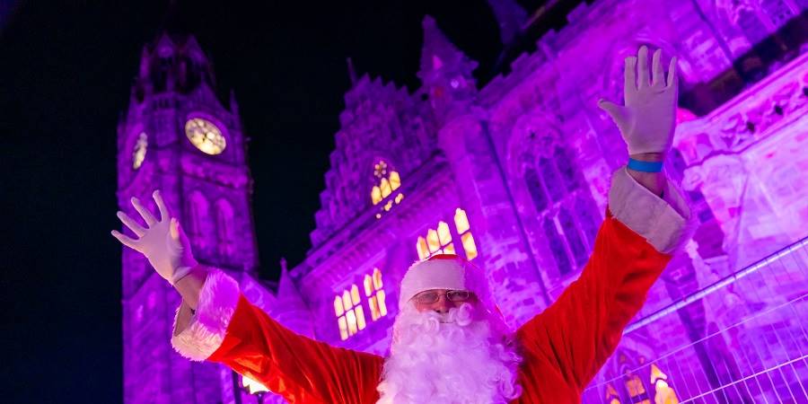 Santa Claus in front of Rochdale Town Hall.