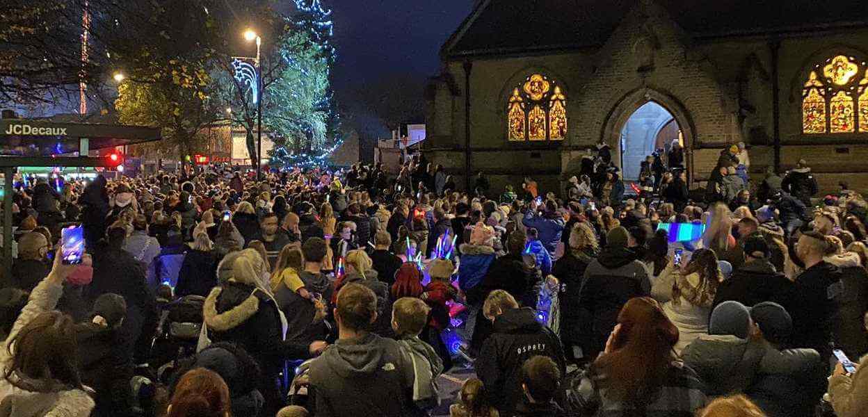 Crowds outside St Lukes Church in Heywood.