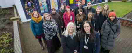 Councillor Sue Smith with artists outside Heywood Civic Hall.