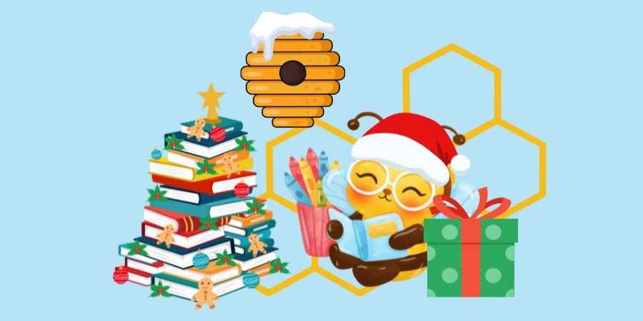 Illustration of a bee wearing a Santa hat and holding a book, next to a pile of books.