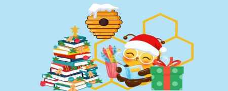 Illustated bee wearing Santa hat, surrounded by books.