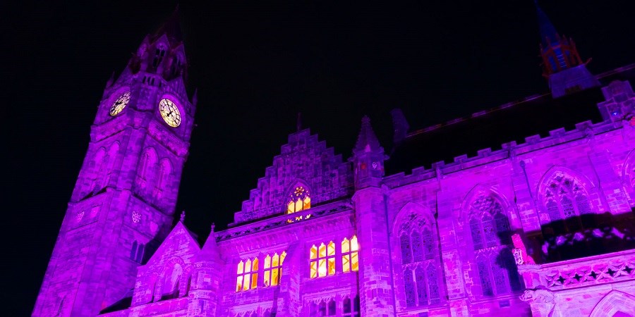 Rochdale Town Hall lit up for Christmas.