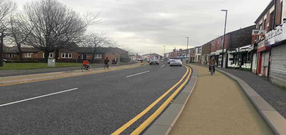 Manchester Road with an artist impression of the new cycle lane.