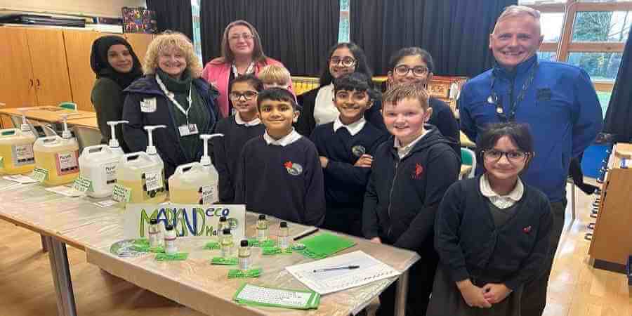 Councillors Ayrton and Massey with pupils at Marland Hill Community Primary School.