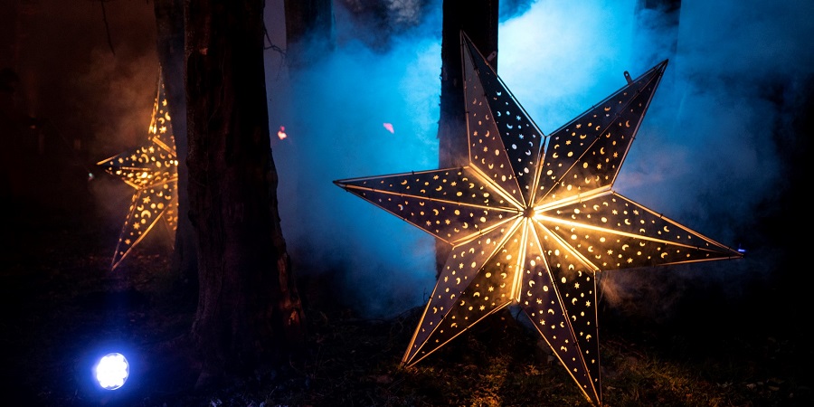 An illuminated star sculpture in a dark, foggy forest.