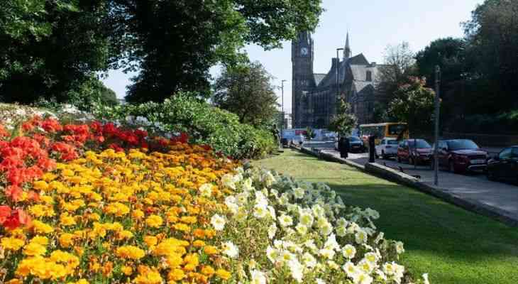 Brightly coloured floral display on The Esplanade in Rochdale.