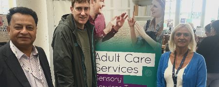 Councillor Iftikhar Ahmed with a resident and a member of adult care.