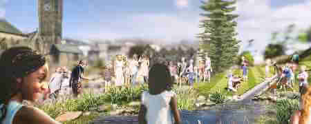 Artist impression of families enjoying redeveloped Broadfield Park Slopes.