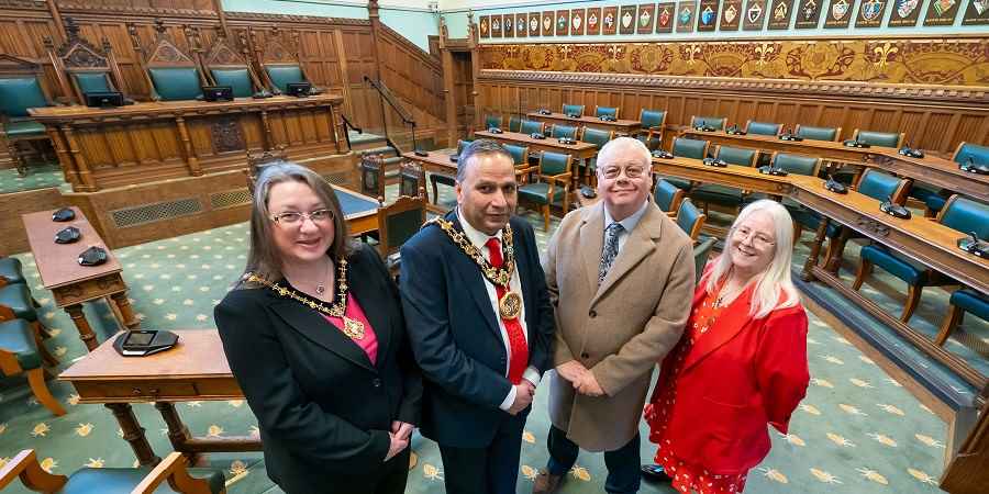 Councillor Rachel Massey, Councillor Shakil Ahmed, mayor of Rochdale, Councillor Neil Emmott, leader of the council and Councillor Sue Smith in Rochdale Town Hall.