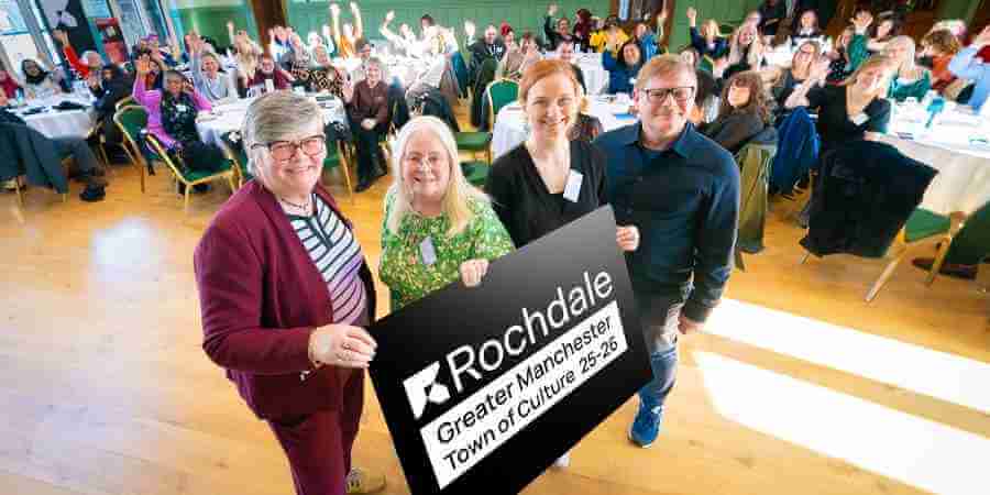 Councillor Sue Smith with deputy mayor Janet Emsley (left) Hebe Reilly, chair of Rochdale Borough Cultural Network and Pete Courtie.