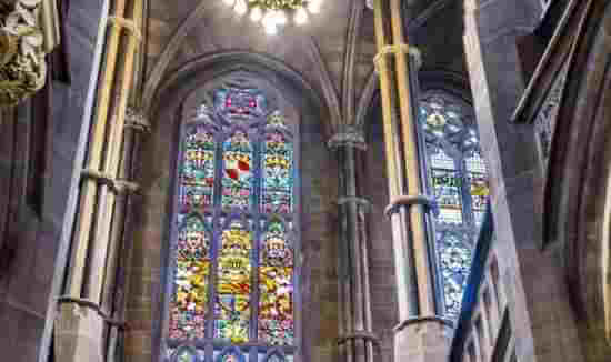 Stained glass windows inside Rochdale Town Hall.