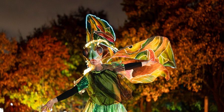 A performer dressed as a moth with illuminated wings.