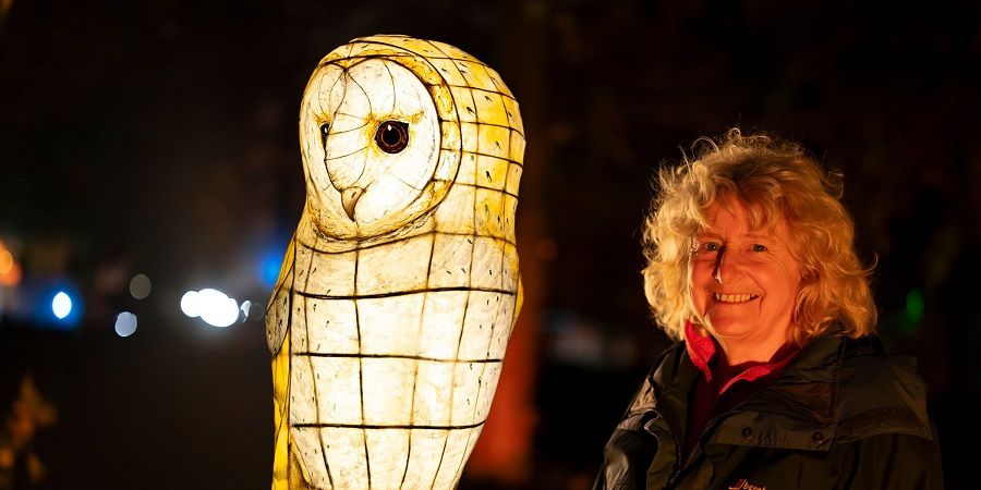 Councillor Tricia Ayrton stood in front of a large illuminated owl sculpture.