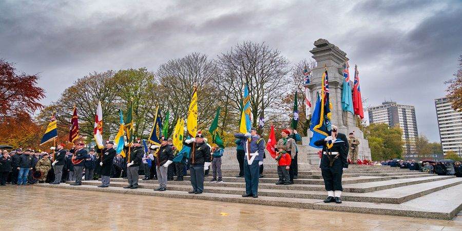 A crowd gathered at Rochdale Cenotaph.