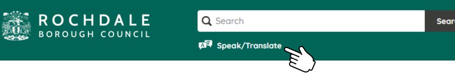 A hand icon showing that the 'Search/Translate' link can be found just below the search bar on our website.