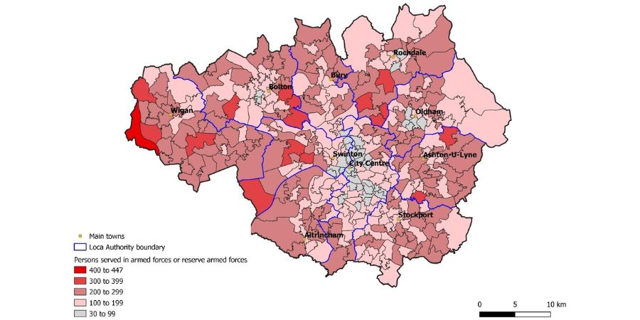 A map showing the number of veterans across Greater Manchester.