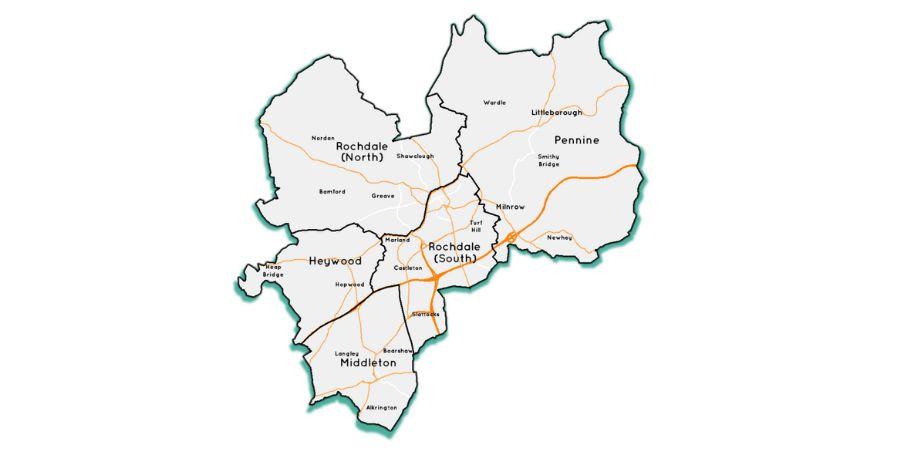 A map showing the boundaries of the borough of Rochdale.