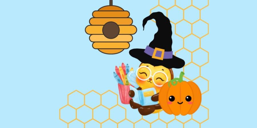 A cartoon cat wearing a witches hat sat beneath a cartoon bee hive on a blue background.