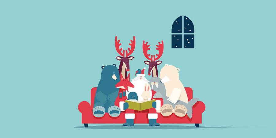 Illustrated animals reading a story.