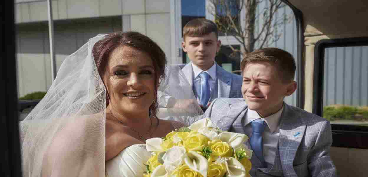 Bride and 2 page boys posing in open topped wedding car.