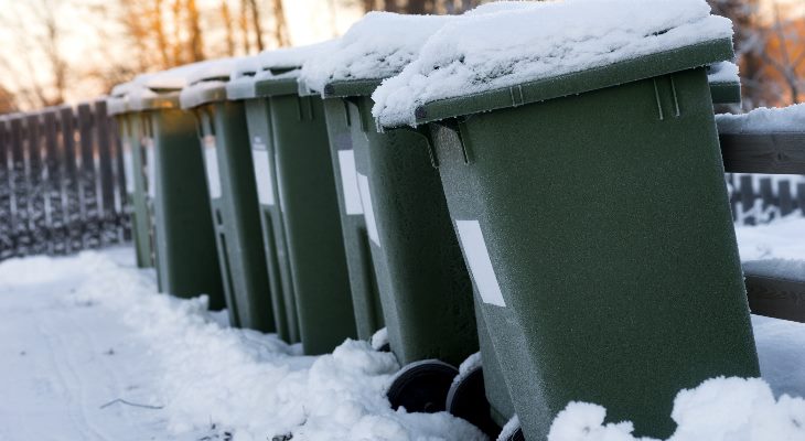 A row of wheeled bins in heavy snow.